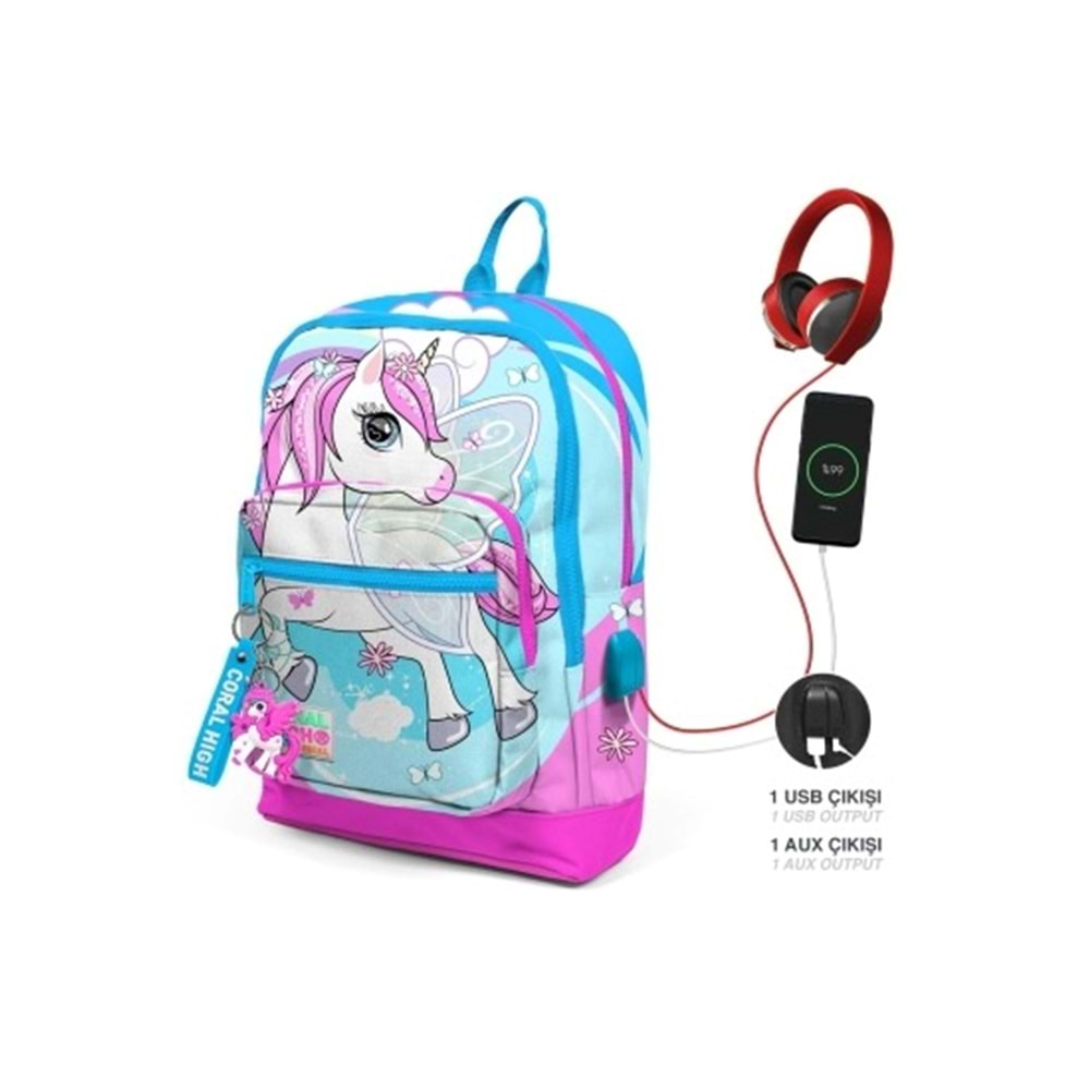 Coral High Mavi Unicorn Desenli Dört Bölmeli Okul Sırt Çantası Usb Soketli 23811