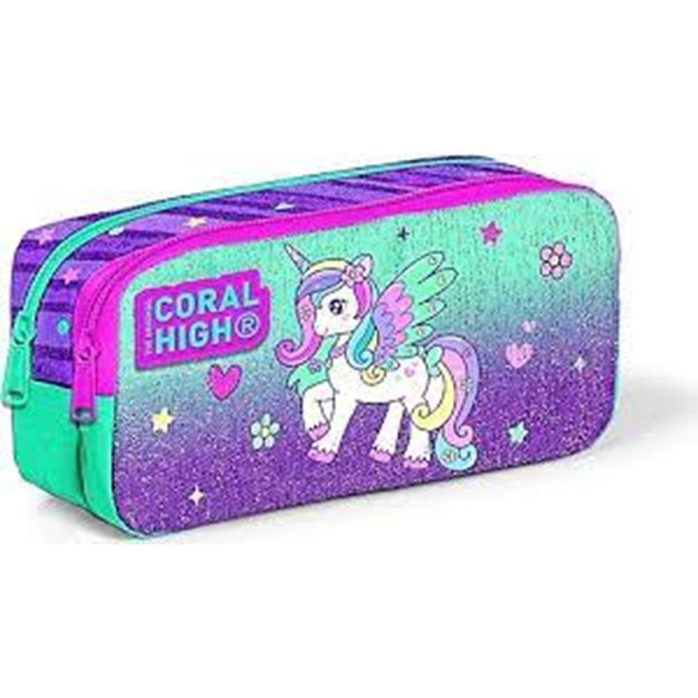 Coral High Kalem Çanta (İki Bölmeli) Unicorn Desenli, Lila/Su Yeşili İki Bölmeli Kalem Çanta – 12059