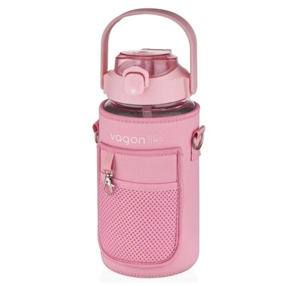 VagonLife 1500 Ml Pipetli Kılıflı Plastik Su Matarası Pembe Vgn-2115
