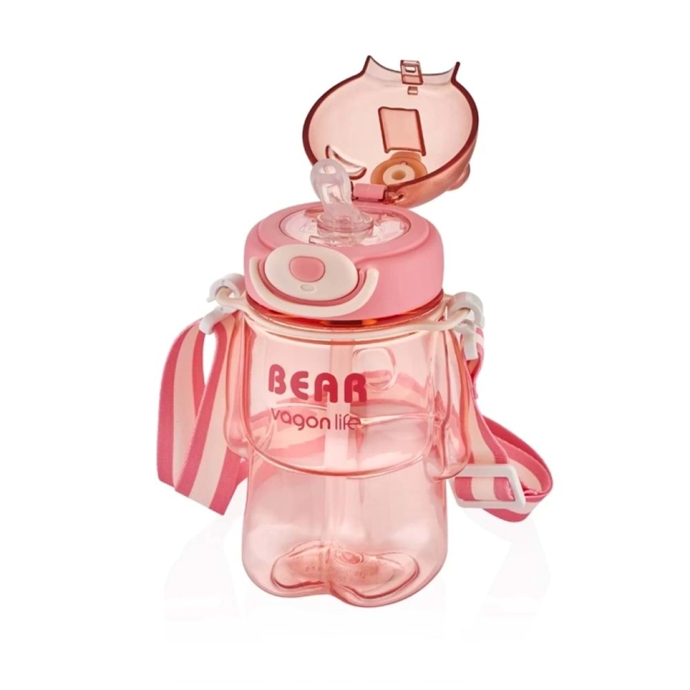 Vagonlife VGN2027 Bear 800 ml Askılı Pipetli BPA İçermeyen Pembe Çocuk Matarası