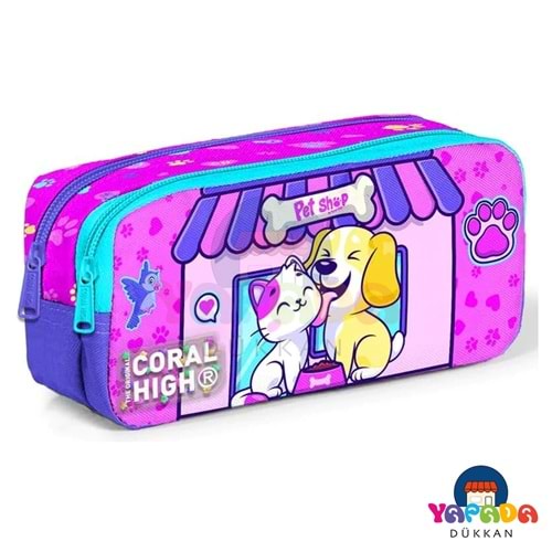 Coral High Kids 12079 Mor-Pembe Kedi ve Köpek Desenli İki Bölmeli Fermuarlı Kalem Çantası