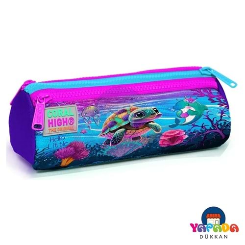 Coral High Kids 22056 Pembe-Mor Kaplumbağa Desenli Üç Bölmeli Fermuarlı Kalem Çantası