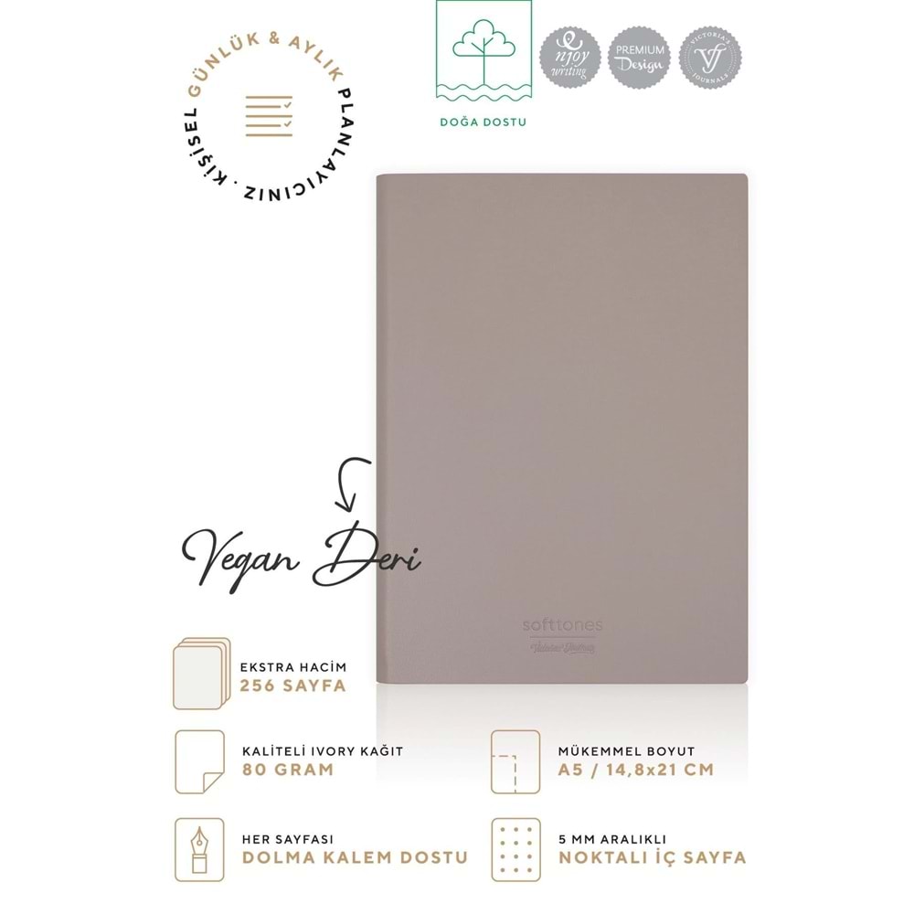 Victorias Journals Softtones Esnek kapak Defter A5 80 gr. Krem 128 yp. Noktalı Kahverengi