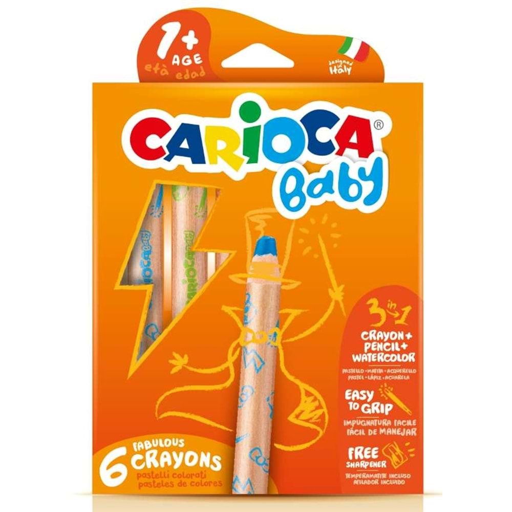 Carioca Jumbo Bebek Ahşap Gövdeli Boya Kalemi 6 Renk Kalemtraş 3İn1
