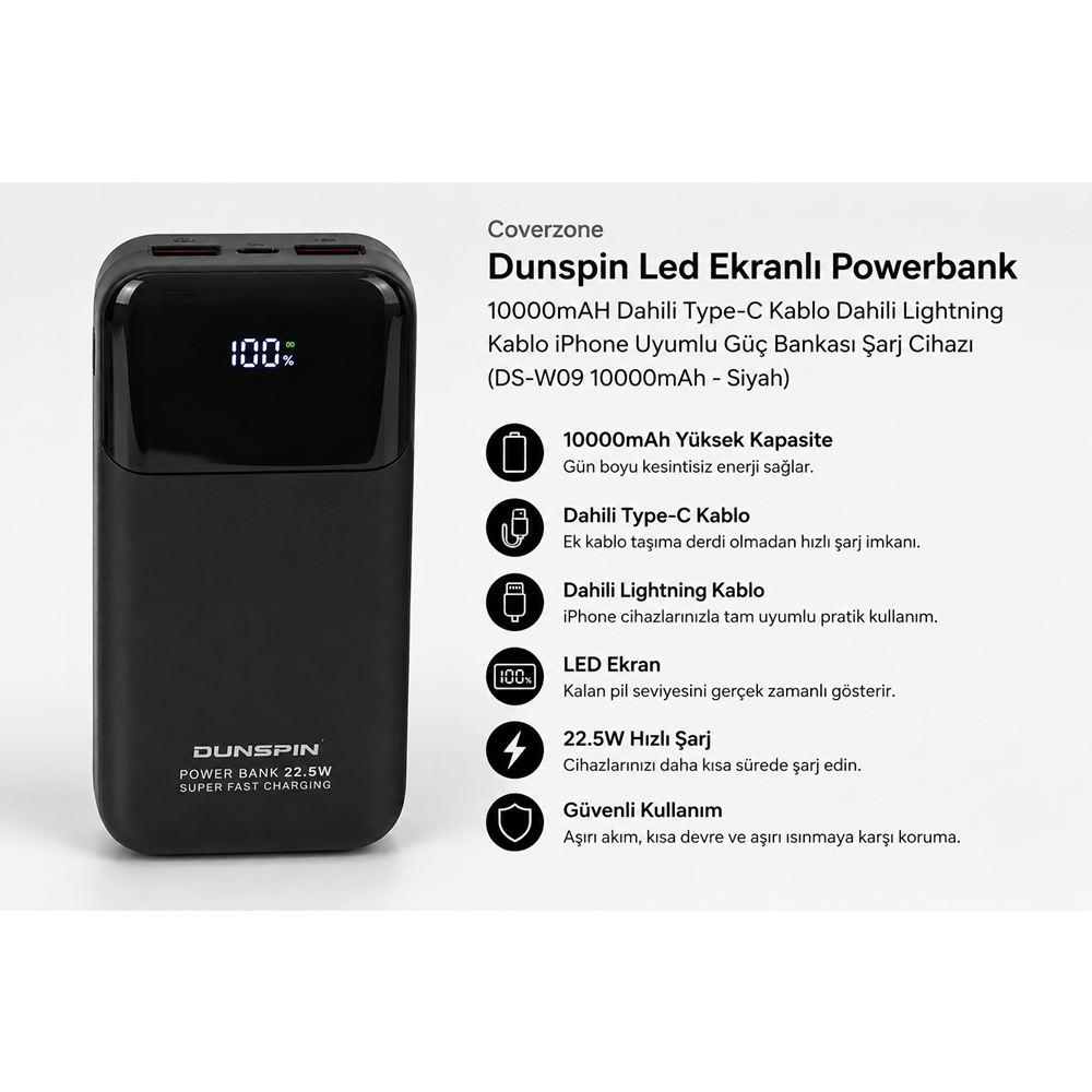 Coverzone Dunspin Led Ekranlı Powerbank 10000mAH Dahili Type-C Kablo Dahili Lightning Kablo iPhone Uyumlu Güç Bankası Şarj Cihazı (DS-W09 10000mAh - Siyah)