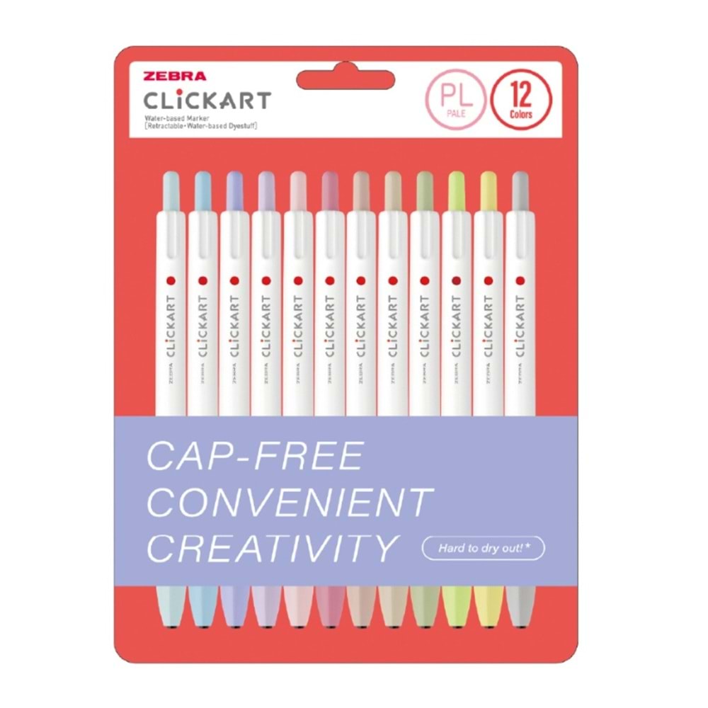 Zebra Clickart Retractable Felt Tip Marker 12 li Set Solgun Pastel Renkler PL