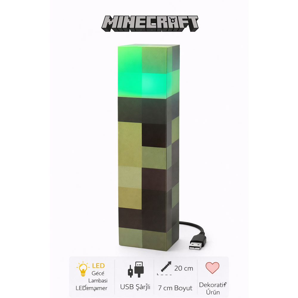 Minecraft Creeper Led Gece Lambası – Usb Kablolu Piksel Tasarım Masa Lambası | Bent-11