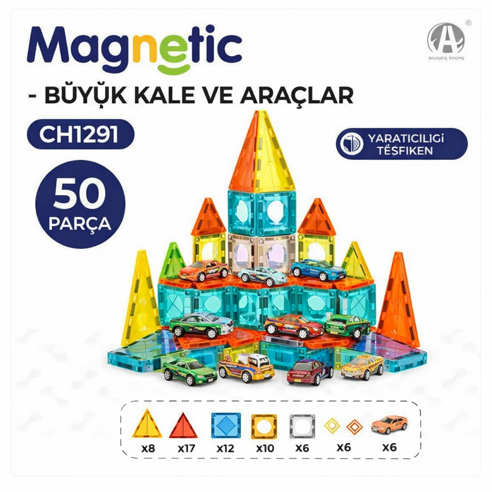 Manyetik Bloklar Büyük Kale ve Araçlar 50 Parça (CH1291, 5.5 cm)