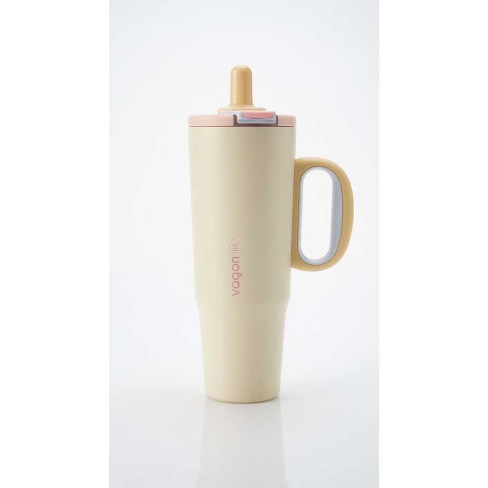 Vagonlife Çelik Termos 1200 ml Kulplu Pipetli Bej VGN-T1200