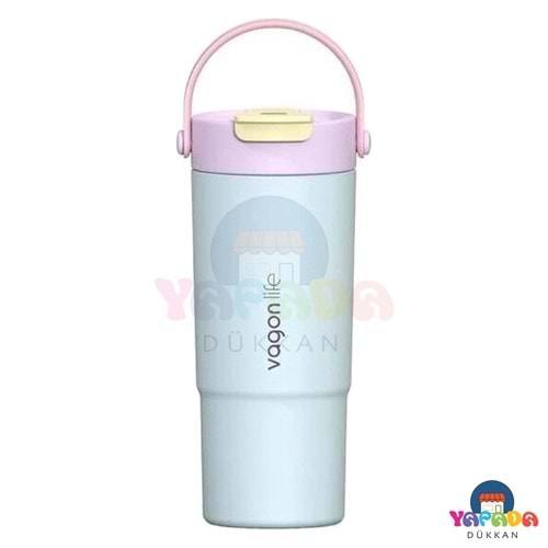 Vagonlife VGN-1102 660 ml Pipetli ve Direkt İçimli Silikon El Askılı Turkuaz Çelik Termos Matara