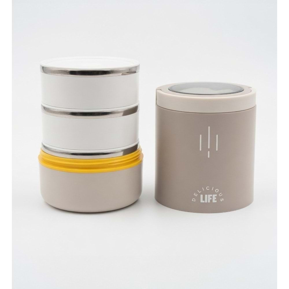 Vagonlife VGN-1266 900 ml Kulplu 3 Bölmeli Silindir Paslanmaz Çelik Lunchbox Kahverengi