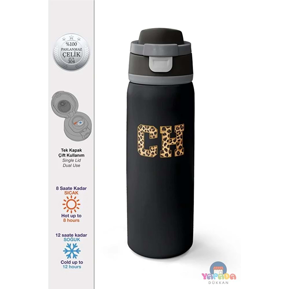 Coral High 38506 Siyah Leopar CH Harf Desenli Pipetli ve Direkt İçim Çelik Termos 800 ml