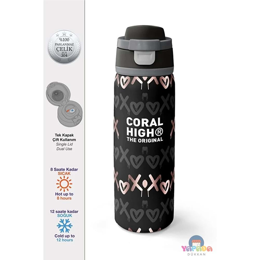 Coral High 38595 Siyah Pudra Desenli Pipetli ve Direkt İçim Çelik Termos 800 ml