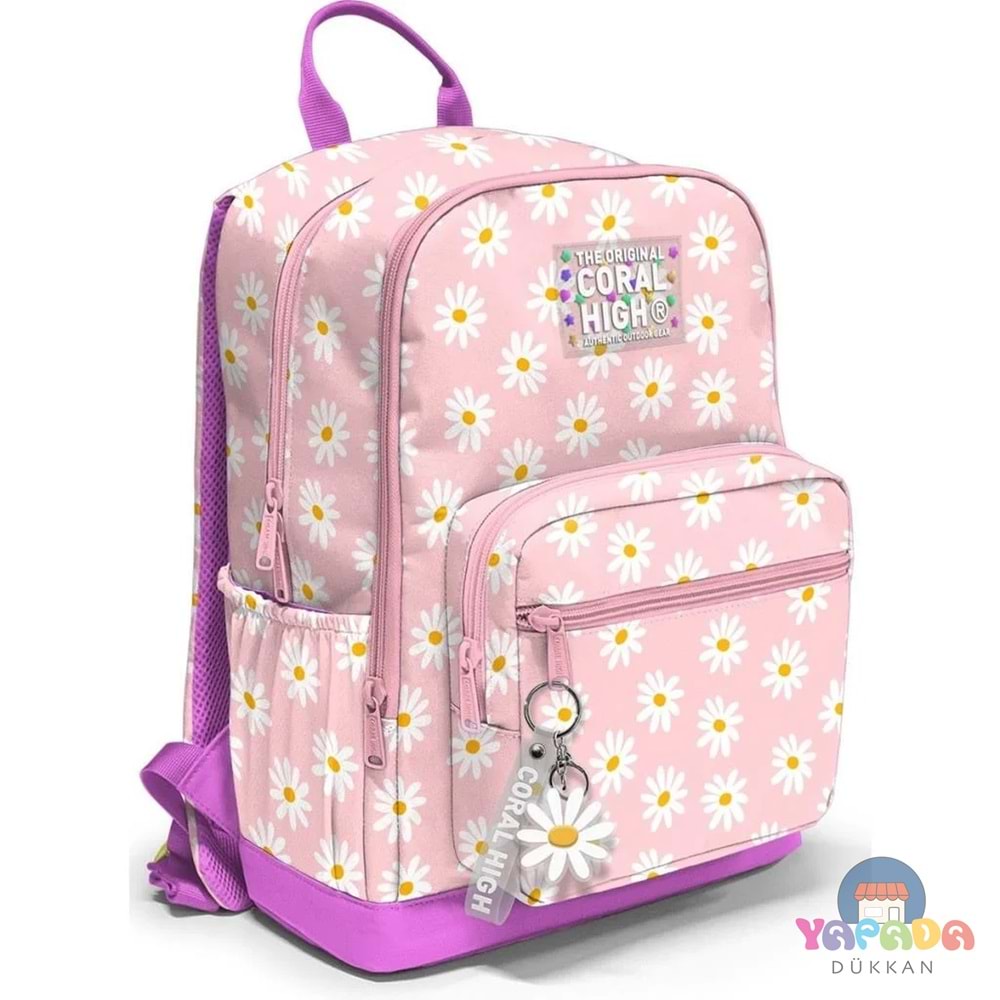 Coral High 33224 Pembe Beyaz Papatya Desenli Dört Bölmeli Okul Sırt Çantası