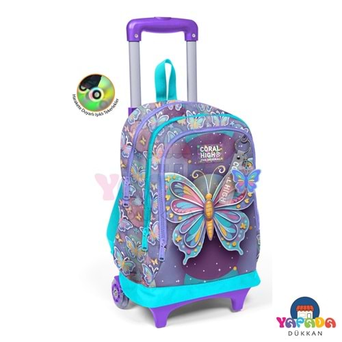 Coral High Kids 34006 Pastel Renkli Kelebek Desenli Üç Bölmeli Işıklı Tekerlekli Çekçekli Okul Sırt Çantası 17 L