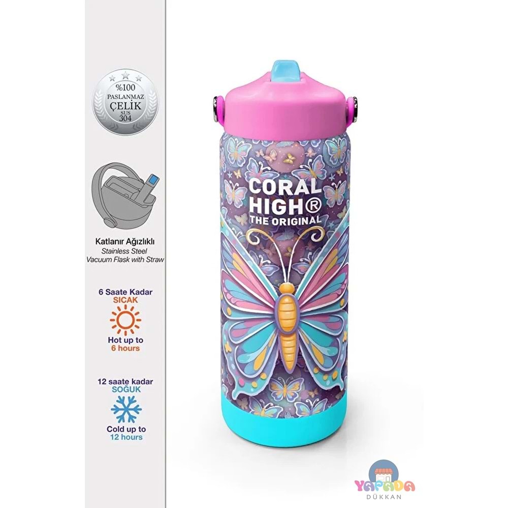 Coral High 38306 Pastel Kelebek Desenli Katlanır Ağızlıklı Çelik Termos 650 ml