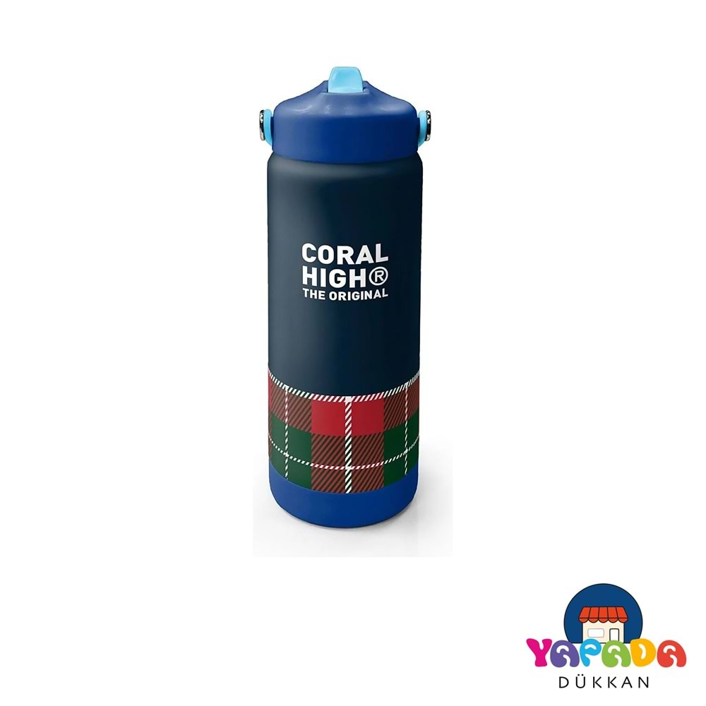 Coral High 38307 Lacivert Ekose Fiyonk Desenli Katlanır Ağızlıklı Çelik Termos 650 ml