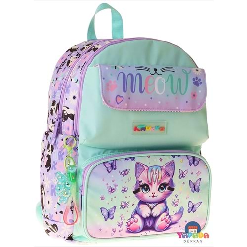 Kaukko Kids Meow Mor Kedi Desenli Kız Çocuk Okul Sırt Çantası